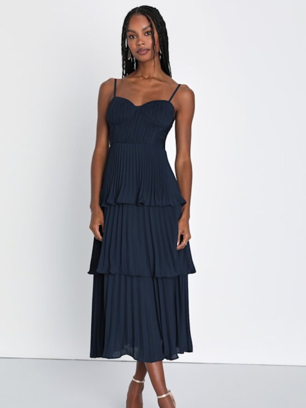 Lulus Cascading Crush Navy Blue Tiered Bustier Midi Dress - Size XS